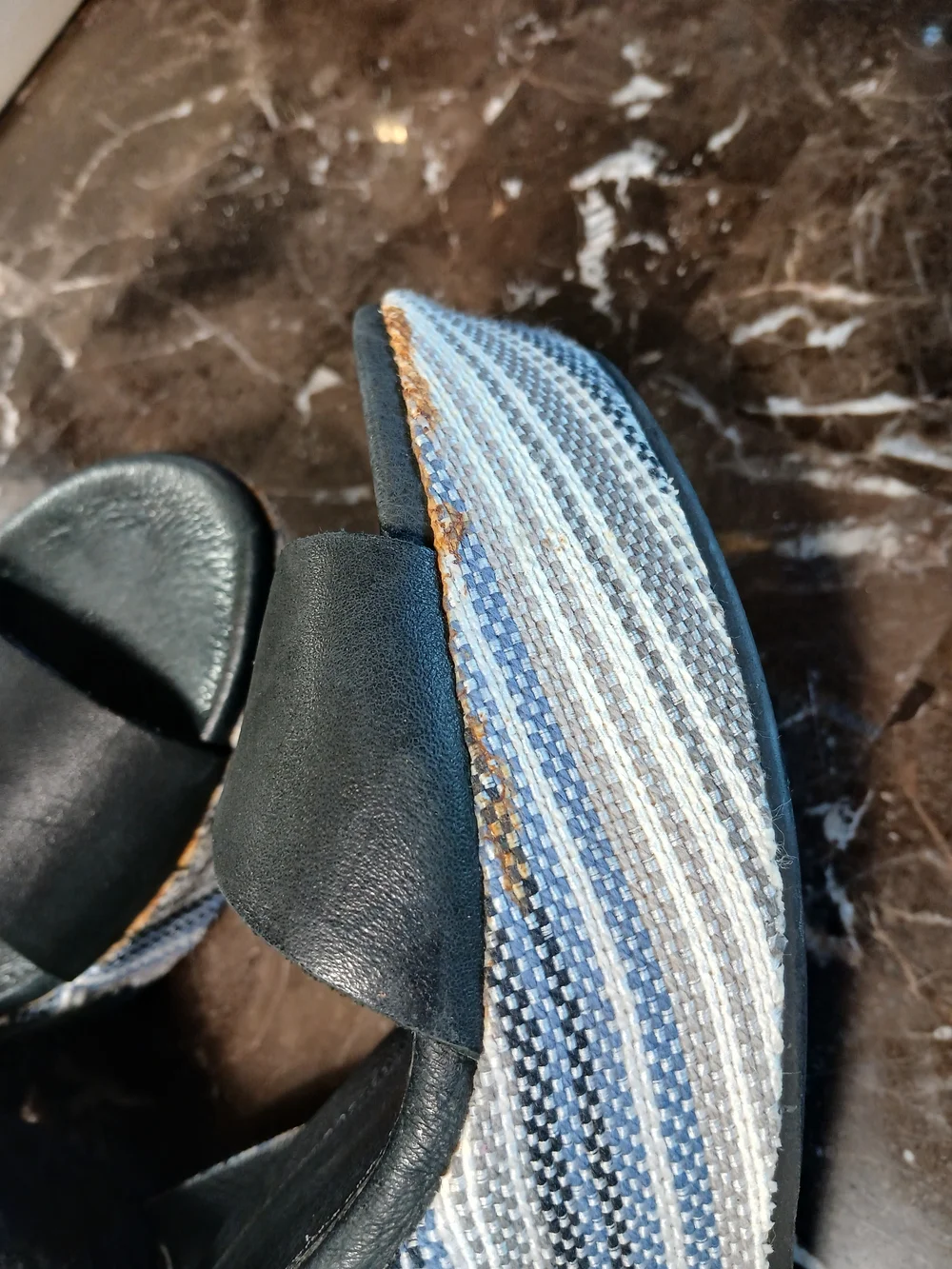 UGG Blue and White Striped Wedge Sandals with Navy Ankle Tie